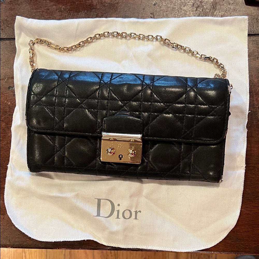 Dior Black Quilted Leather Wallet with Gold Chain